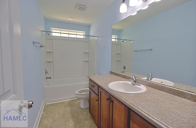 full bathroom with shower / bathing tub combination, vanity, and toilet