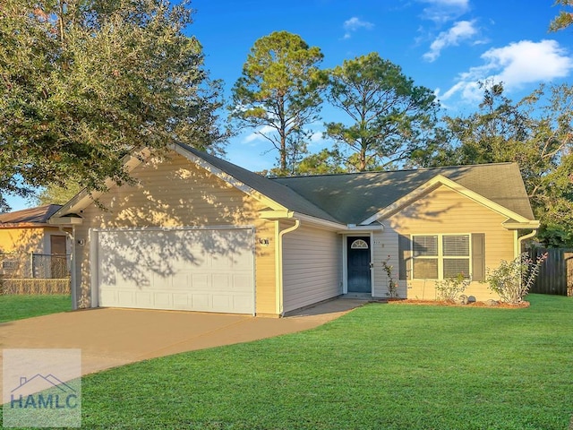 single story home featuring a front yard and a garage