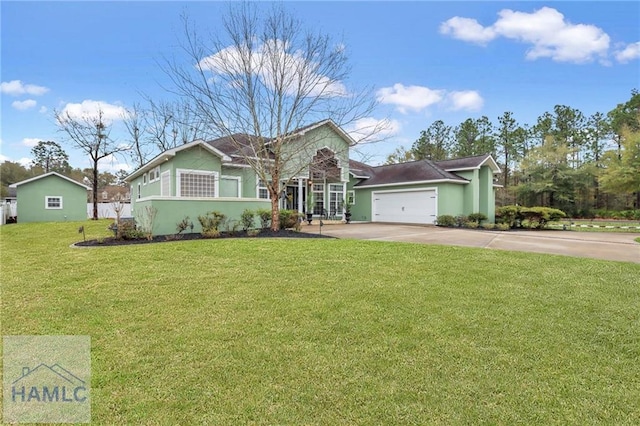 655 Littlefield St, Jesup, GA 31546 - ranch-style home with concrete driveway, stucco siding, a front lawn, and a garage