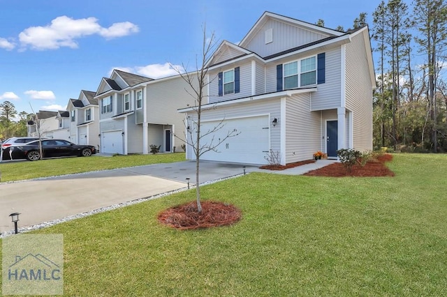 view of front of house featuring an attached garage, board and batten siding, a front yard, a residential view, and driveway