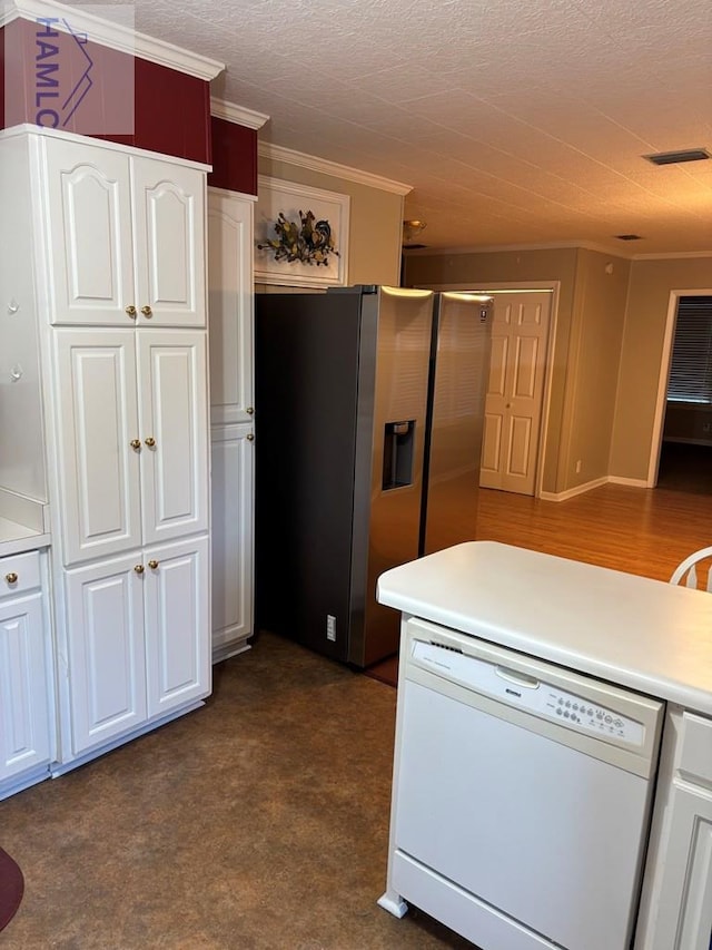 kitchen featuring stainless steel refrigerator with ice dispenser, crown molding, white cabinetry, and white dishwasher