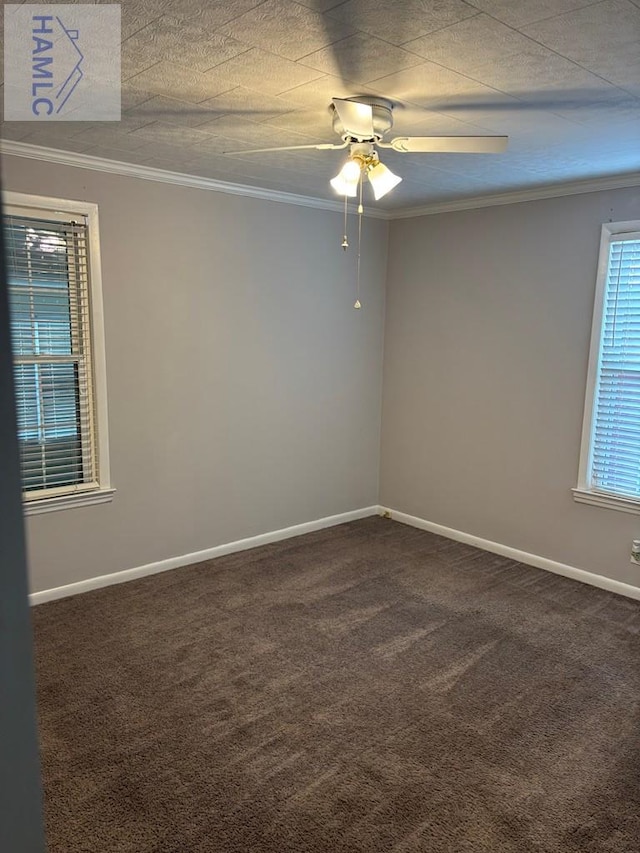 carpeted empty room with ceiling fan, a healthy amount of sunlight, and ornamental molding