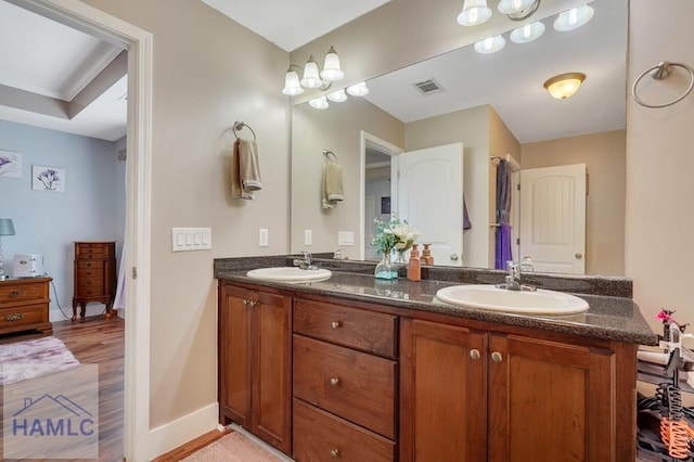 bathroom with wood-type flooring and vanity