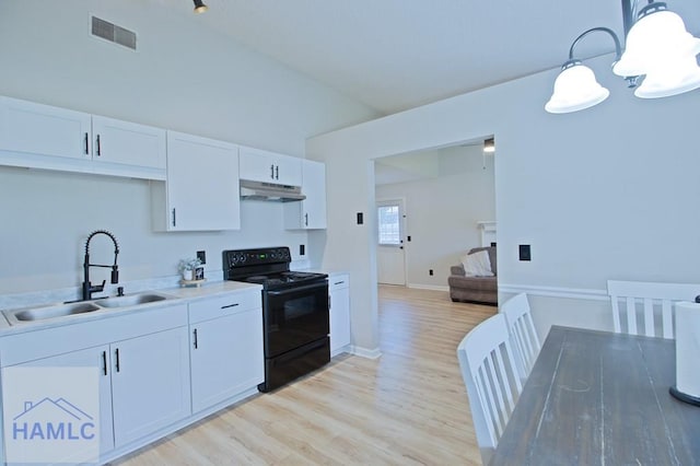 776 Madison Dr, Hinesville, GA 31313 - kitchen with black range with electric stovetop, a sink, under cabinet range hood, white cabinets, and light wood finished floors