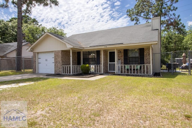 776 Madison Dr, Hinesville, GA 31313 - ranch-style house with a porch, a garage, brick siding, a chimney, and concrete driveway
