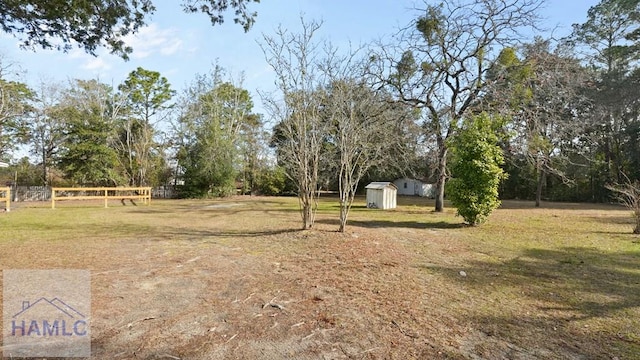 view of yard featuring a storage unit