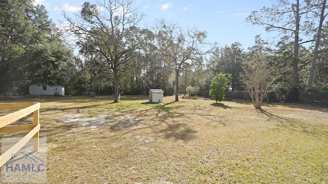 view of yard with a storage shed