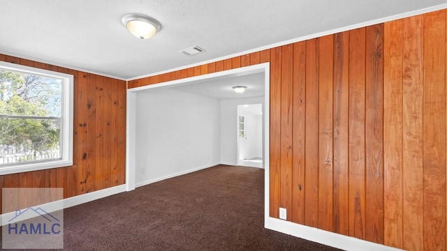 carpeted spare room featuring wooden walls