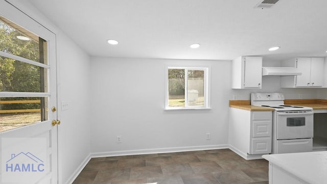 kitchen featuring white cabinets and white range with electric stovetop