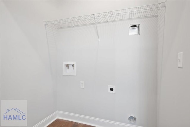 laundry area with baseboards, washer hookup, laundry area, hookup for an electric dryer, and dark wood-style flooring