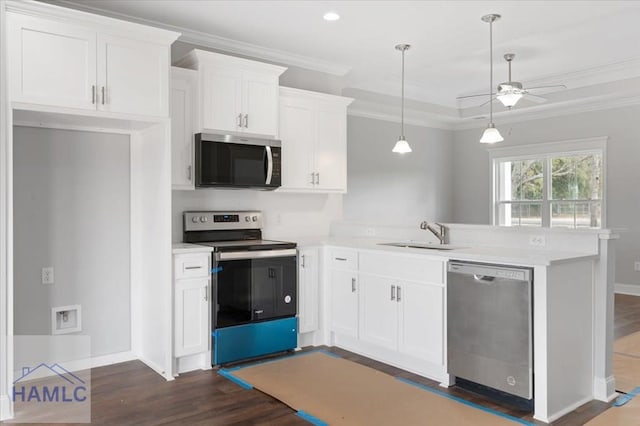 kitchen with dark wood-type flooring, crown molding, appliances with stainless steel finishes, a peninsula, and a sink