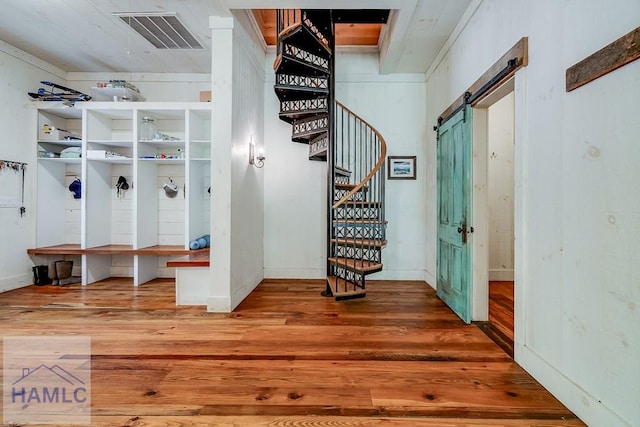 410 Green Morgan School Rd, Clyo, GA 31303 - mudroom featuring a barn door and wood finished floors