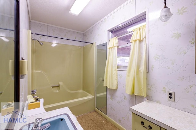 401E Smith St, Claxton, GA 30417 - full bathroom with wallpapered walls, crown molding,  shower combination, tile patterned floors, and a textured ceiling