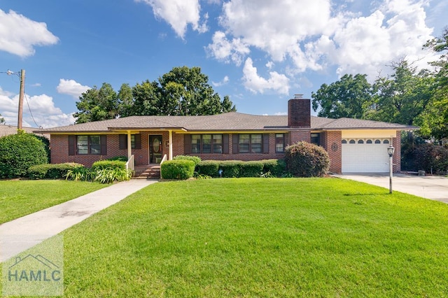 401E Smith St, Claxton, GA 30417 - single story home with concrete driveway, brick siding, a front lawn, a garage, and a chimney