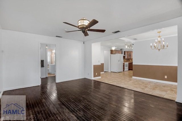 unfurnished living room featuring light wood-style flooring, visible vents, and ceiling fan with notable chandelier