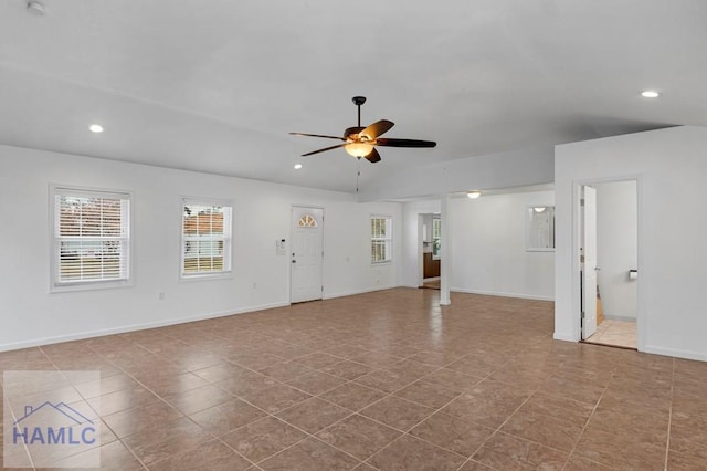 unfurnished living room with recessed lighting, a ceiling fan, baseboards, vaulted ceiling, and tile patterned floors