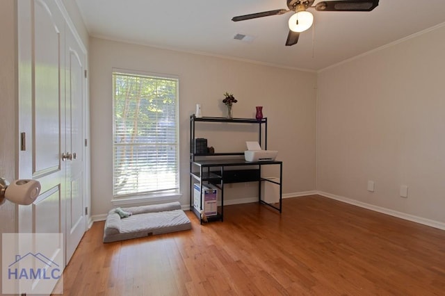 435 Arlington Dr, Hinesville, GA 31313 - office featuring visible vents, baseboards, a ceiling fan, and wood finished floors