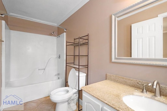 bathroom featuring shower / bathtub combination, vanity, toilet, and tile patterned floors