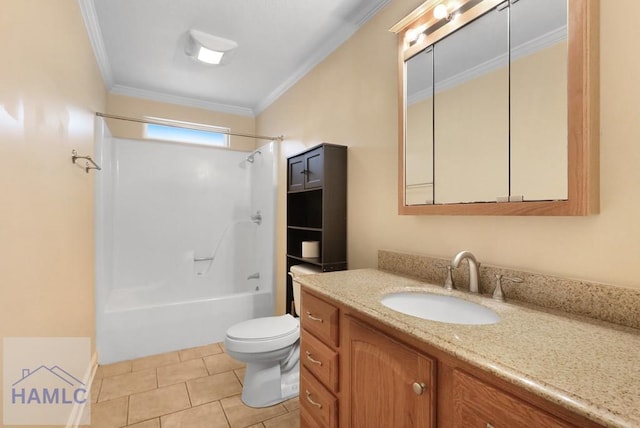 full bath featuring toilet, vanity, shower / bathing tub combination, ornamental molding, and tile patterned floors