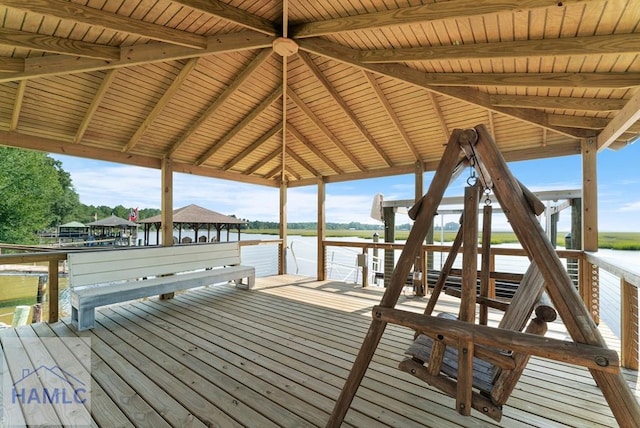 dock area featuring a gazebo and a water view