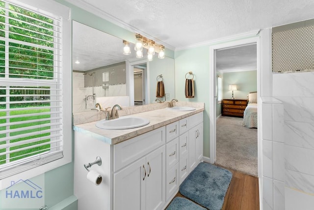 bathroom with vanity, ornamental molding, a textured ceiling, and hardwood / wood-style flooring