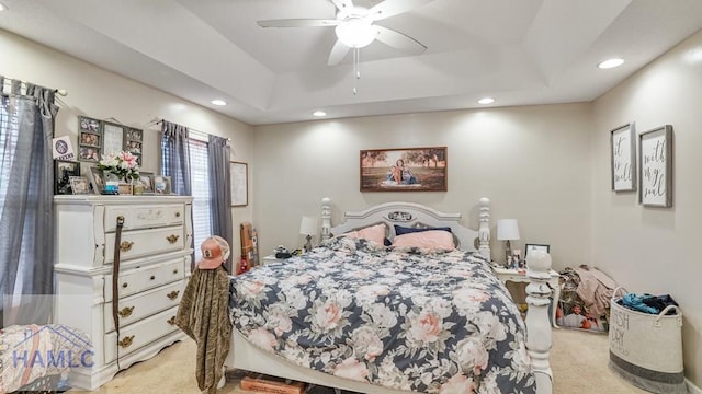 705 S 11th St, Jesup, GA 31545 - bedroom with light colored carpet, recessed lighting, ceiling fan, and a raised ceiling