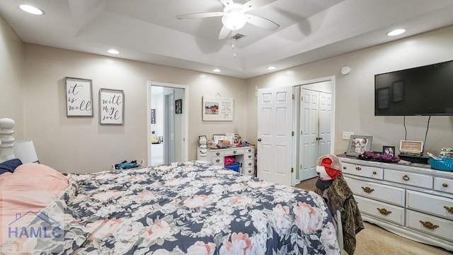 705 S 11th St, Jesup, GA 31545 - carpeted bedroom with recessed lighting, ceiling fan, and a tray ceiling