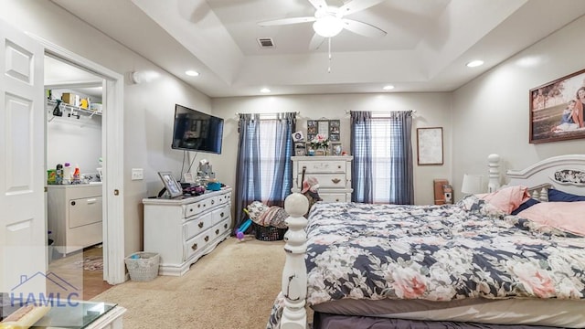 705 S 11th St, Jesup, GA 31545 - carpeted bedroom with recessed lighting, washer / dryer, a raised ceiling, and a ceiling fan