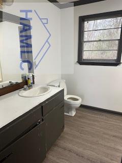 bathroom featuring hardwood / wood-style flooring, toilet, and vanity