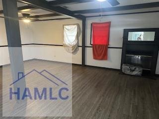 basement with ceiling fan and wood-type flooring