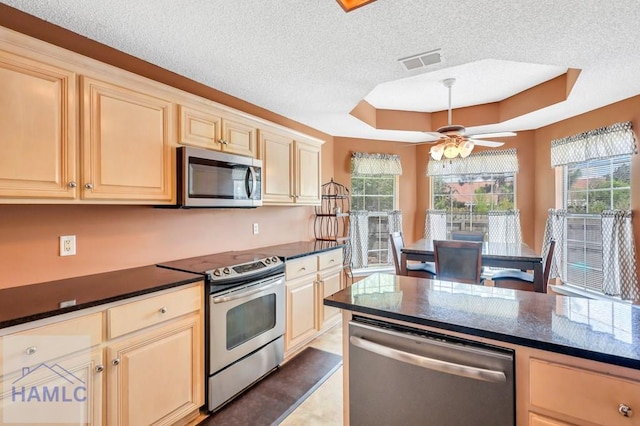 kitchen featuring a raised ceiling, ceiling fan, stainless steel appliances, and a textured ceiling