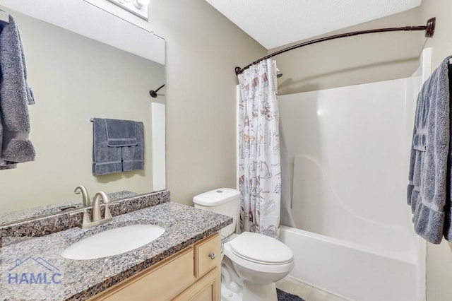 full bathroom featuring tile patterned flooring, shower / tub combo with curtain, vanity, and toilet