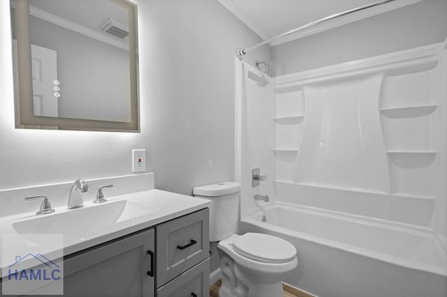 full bath with crown molding, toilet, vanity, and shower / bath combination