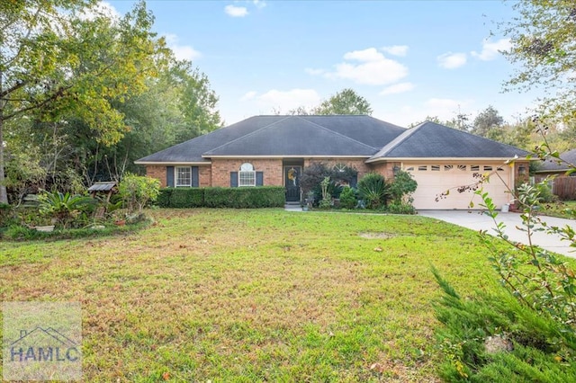 single story home with a garage and a front lawn