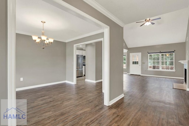 29 Joy Ln, Midway, GA 31320 - unfurnished living room with dark wood-style flooring, baseboards, a chandelier, a ceiling fan, and vaulted ceiling