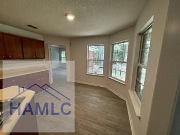 unfurnished dining area with plenty of natural light, a textured ceiling, wood finished floors, and baseboards