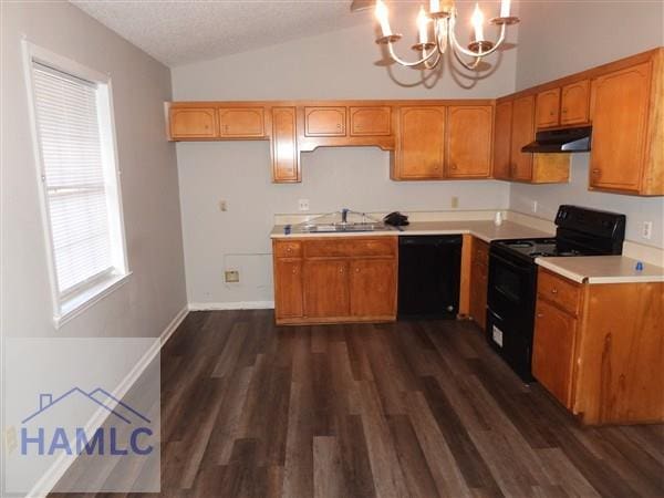 1111 Apache Aly, Hinesville, GA 31313 - kitchen with black appliances, under cabinet range hood, dark wood finished floors, lofted ceiling, and light countertops