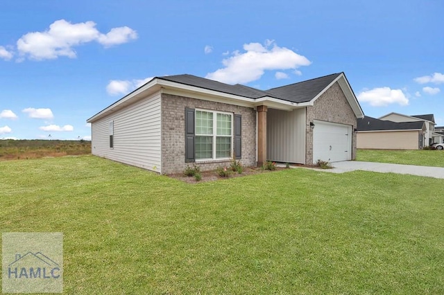 ranch-style home with a garage and a front lawn