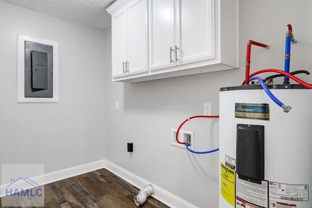 laundry room featuring electric water heater, baseboards, electric panel, dark wood-style floors, and a textured ceiling