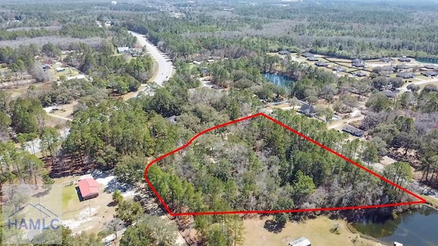 aerial view featuring a forest view and a water view