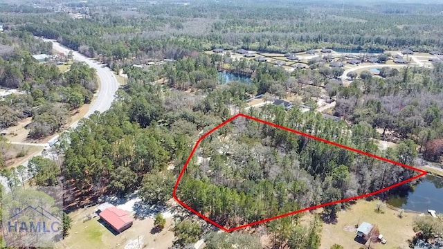 bird's eye view featuring a forest view and a water view