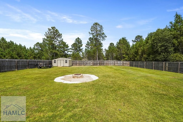 138 Forest St NE, Ludowici, GA 31316 - fenced backyard with a fire pit and a shed