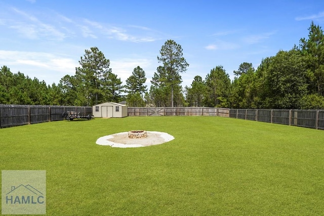 138 Forest St NE, Ludowici, GA 31316 - fenced backyard with a fire pit, a shed, and view of wooded area