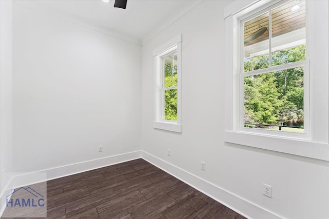 empty room with baseboards, ornamental molding, and dark wood-type flooring