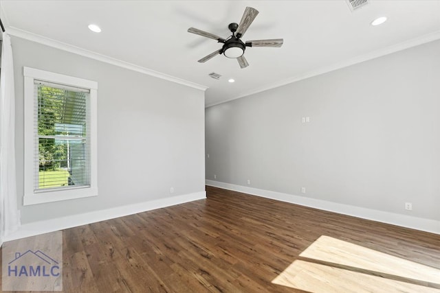 unfurnished room featuring baseboards, recessed lighting, wood finished floors, and crown molding