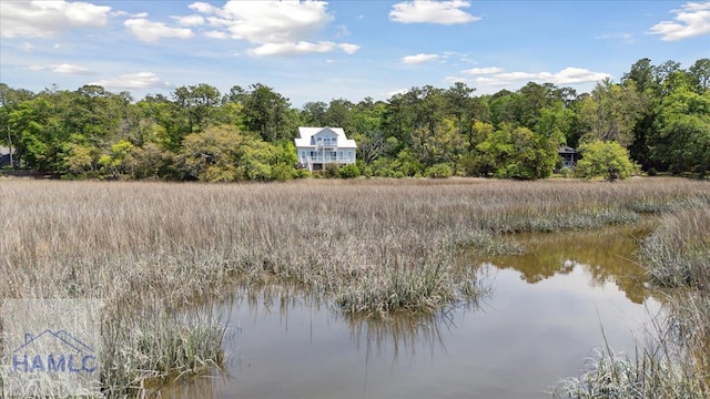 property view of water featuring a forest view