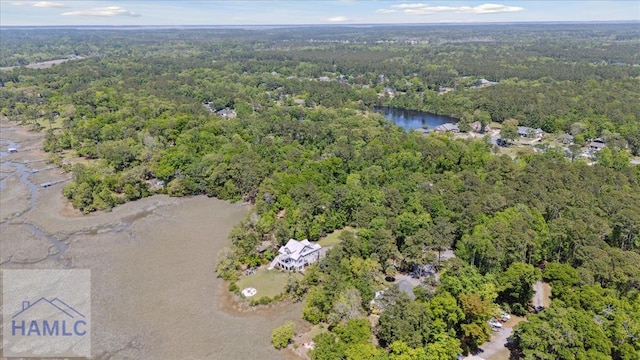 bird's eye view with a water view and a view of trees