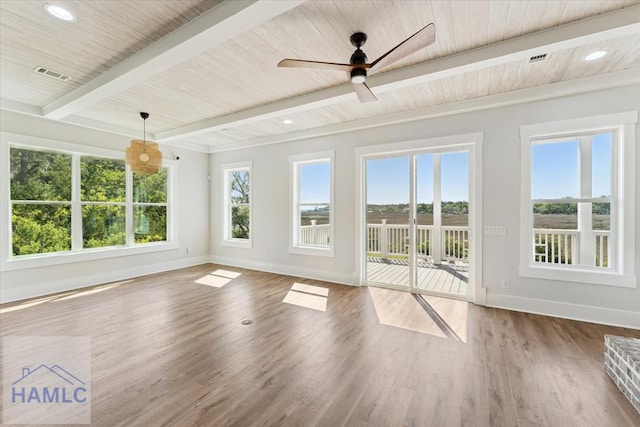 unfurnished sunroom featuring beam ceiling and visible vents