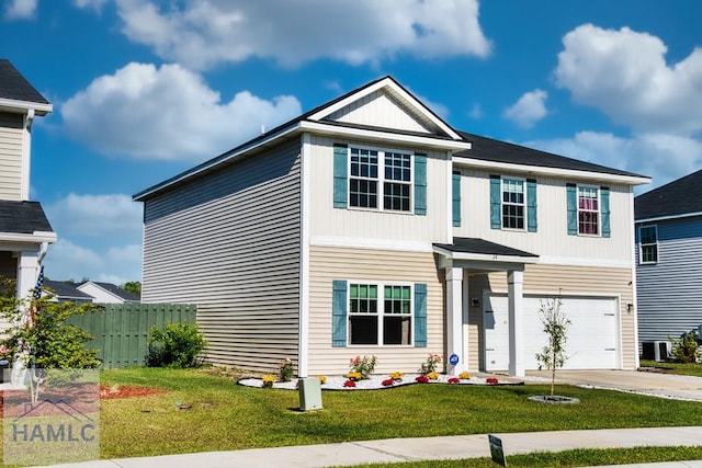 traditional home featuring a front lawn, central AC unit, driveway, fence, and a garage