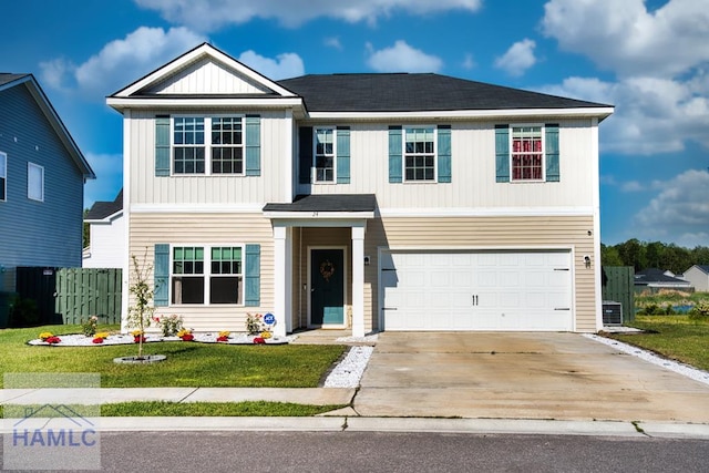view of front facade featuring driveway, a front yard, central air condition unit, and a garage